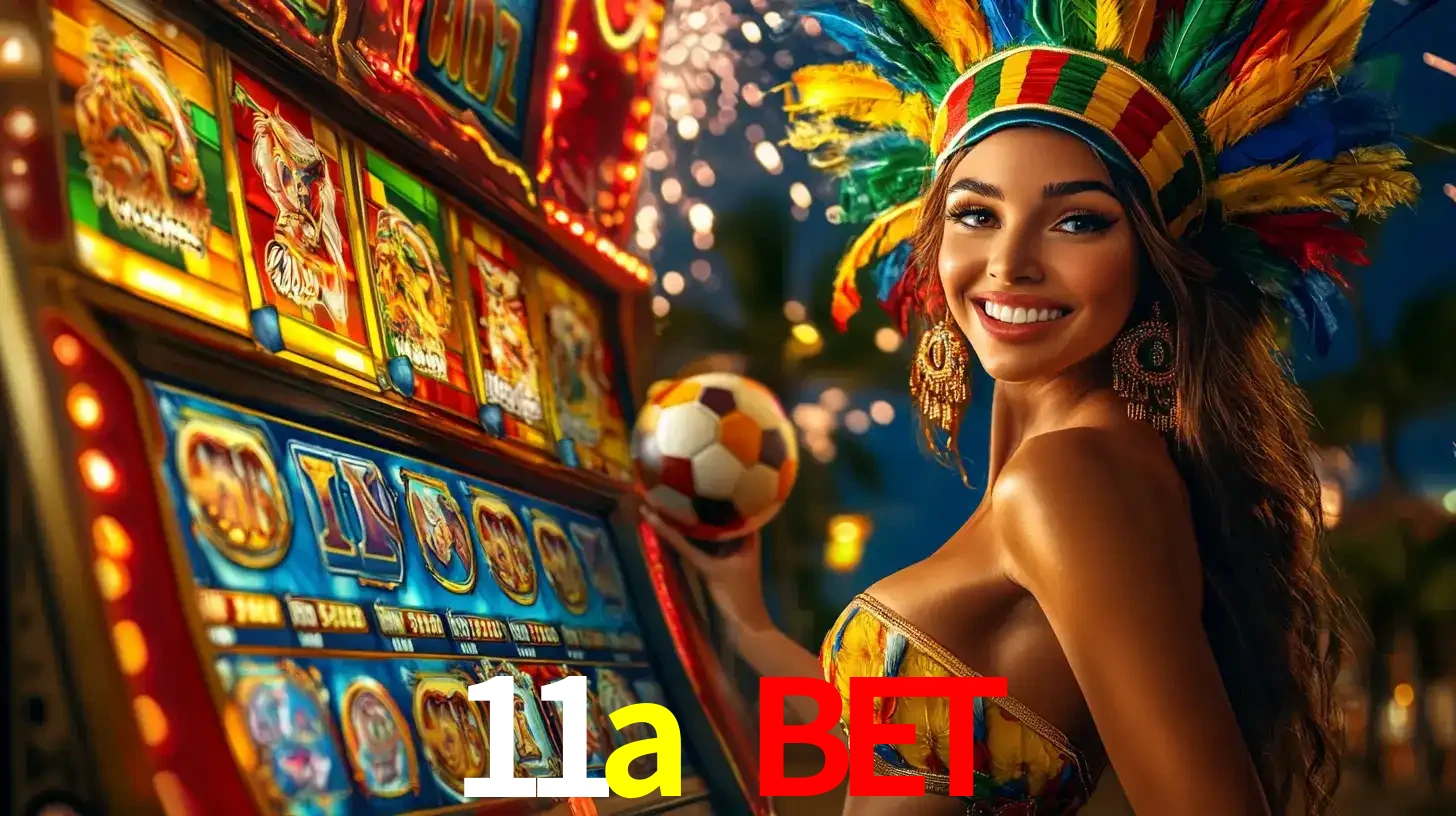Mulher com um cocar de carnaval ao lado de uma máquina de caça-níqueis enquanto segura uma bola de futebol, mostrando a união da diversão de cassino e esportes no 11a bet.