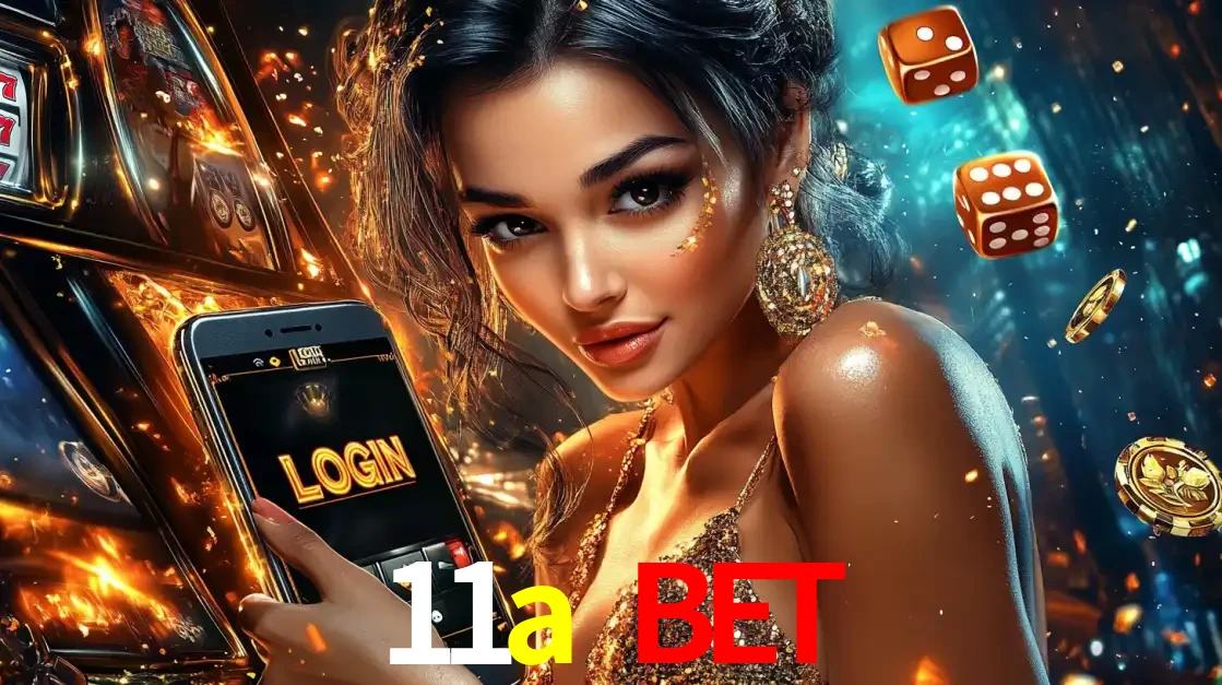 Mulher glamourosa segurando um celular com a tela de login do cassino 11a bet, rodeada por dados e moedas douradas, pronta para começar a diversão.