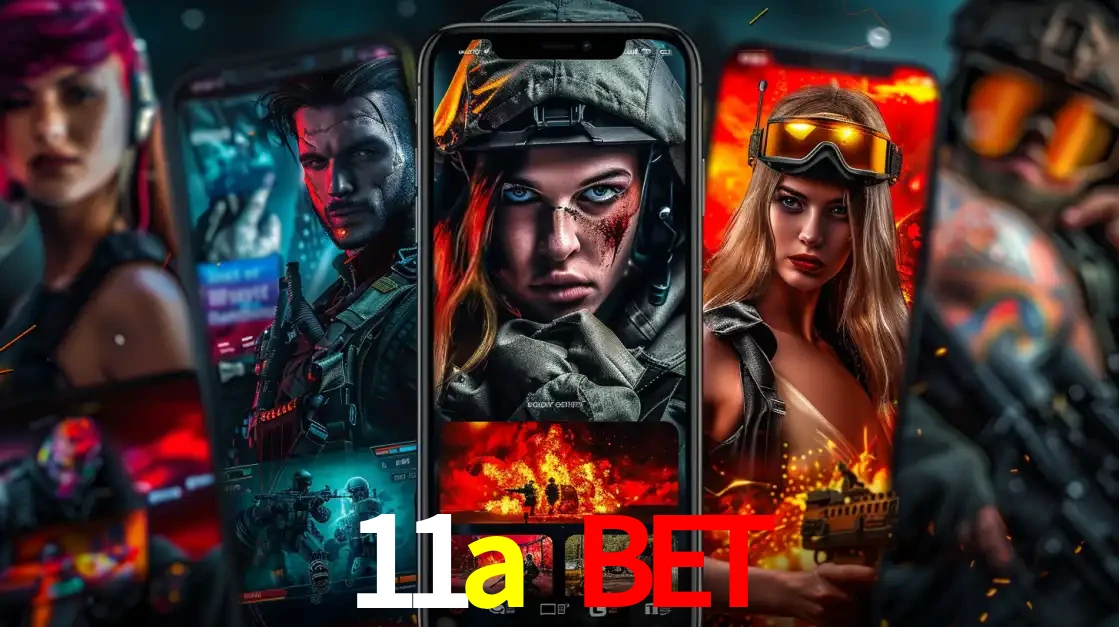 Montagem de telas de celular mostrando diversos personagens, masculinos e femininos, de um jogo de tiro, ilustrando a diversidade de equipes de e-sports para apostar no 11a bet.