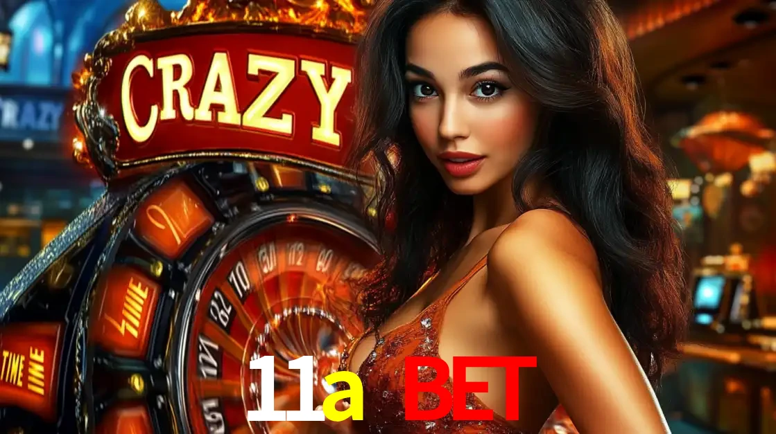 Mulher glamourosa olhando para a câmera com a roda vermelha do Crazy Time ao fundo em um ambiente de cassino, destacando a emoção dos jogos ao vivo no 11a bet.