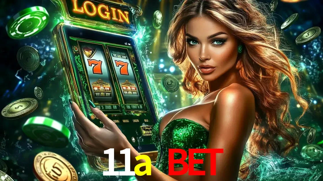 Mulher com tema verde apresentando o aplicativo do cassino 11a bet com um jogo de slot de 777, cercada por fichas de cassino e uma aura de sorte.