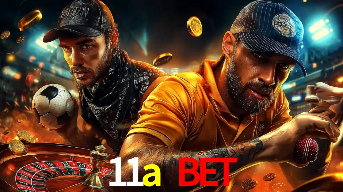 Montagem de apostas esportivas e cassino no 11a bet, com um homem segurando uma bola de futebol e outro uma de beisebol sobre uma roleta e moedas voadoras.