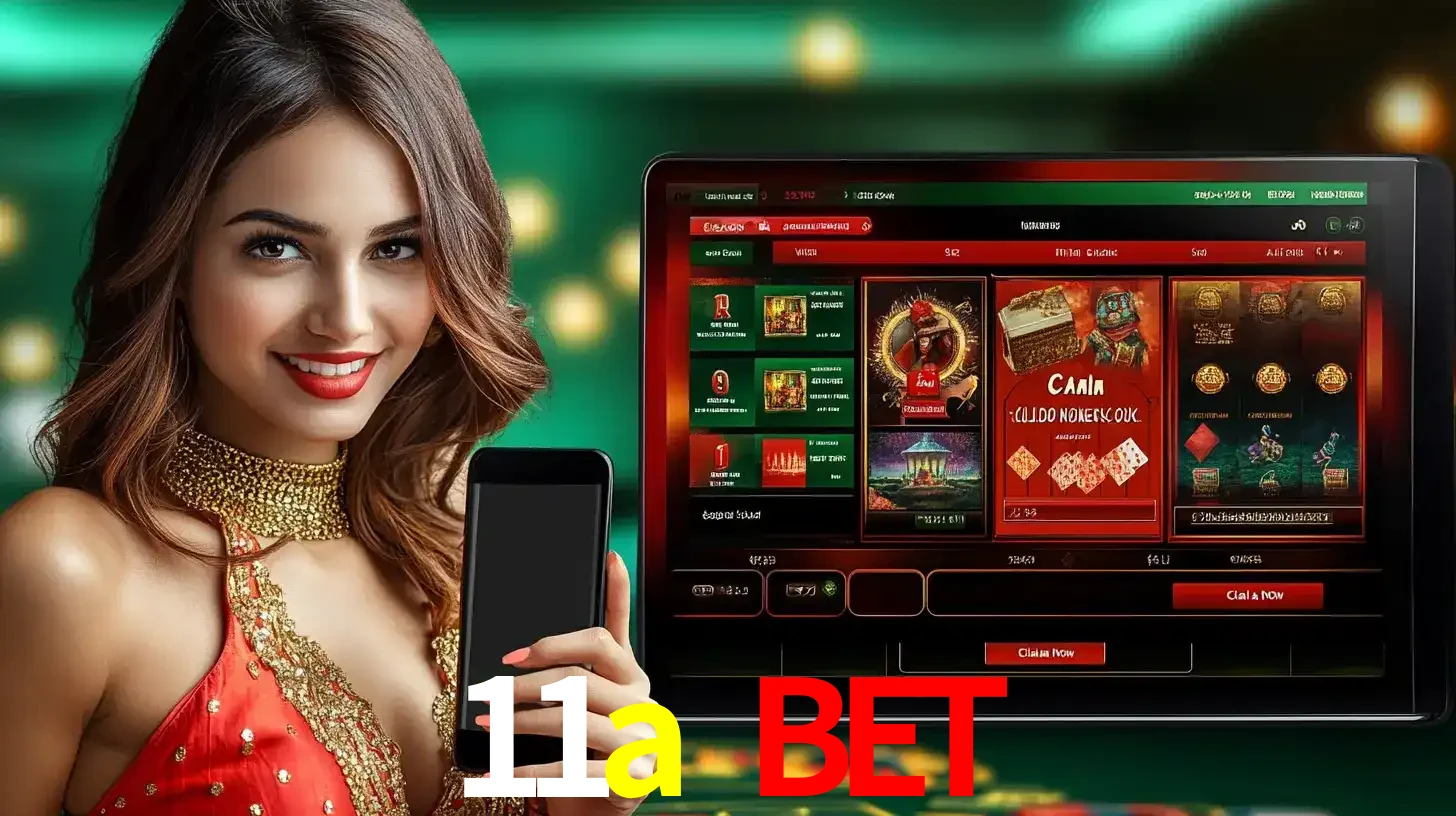 Mulher sorridente segurando um smartphone, ao lado de uma tela exibindo o lobby de jogos do cassino online 11a bet, com várias opções de jogos de cartas e slots.